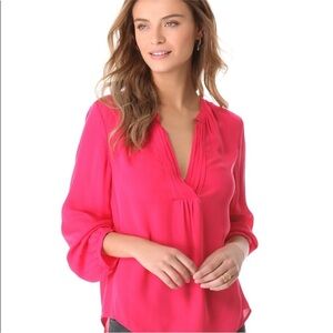 Joie Ameline Silk Blouse V Neck with Pintuck Detail Bright Rose Color Size Large